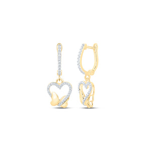 10kt Yellow Gold Womens Round Diamond Butterfly Heart Dangle Earrings 1/4 Cttw