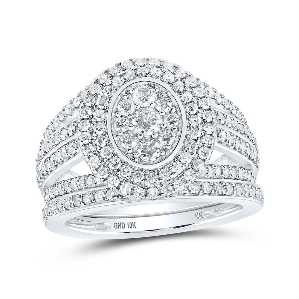 10kt White Gold Round Diamond Oval-shape Bridal Wedding Ring Band Set 1-1/5 Cttw