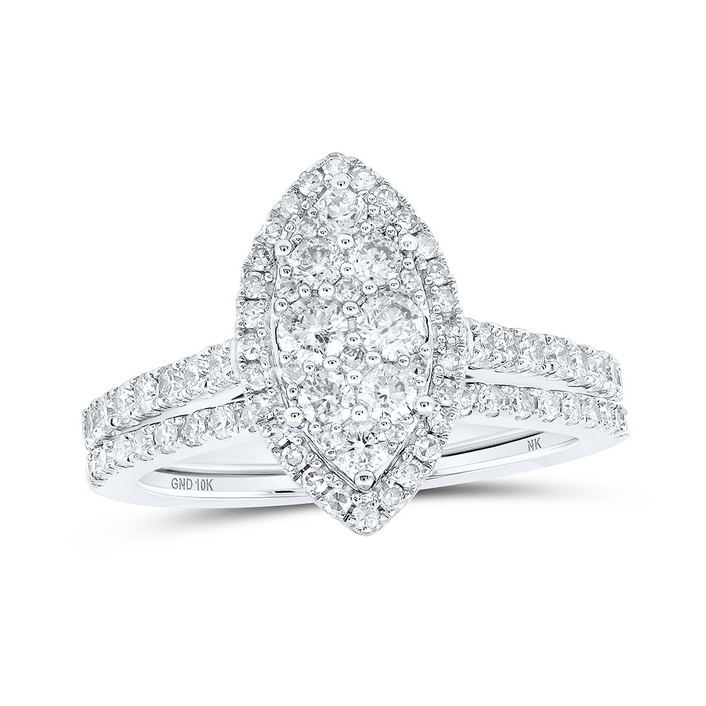 10kt White Gold Round Diamond Marquise-shape Bridal Wedding Ring Band Set 1 Cttw