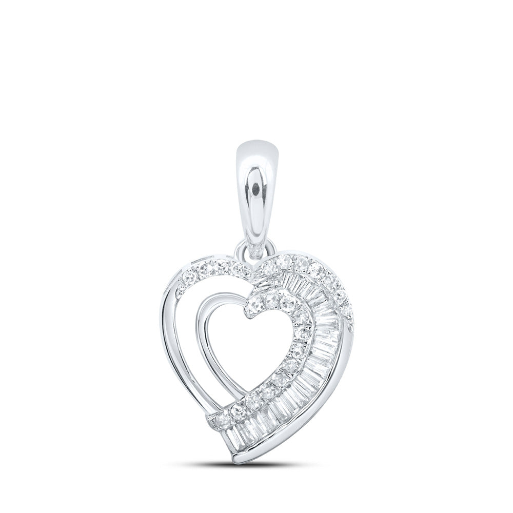 10kt White Gold Womens Baguette Diamond Heart Pendant 1/4 Cttw
