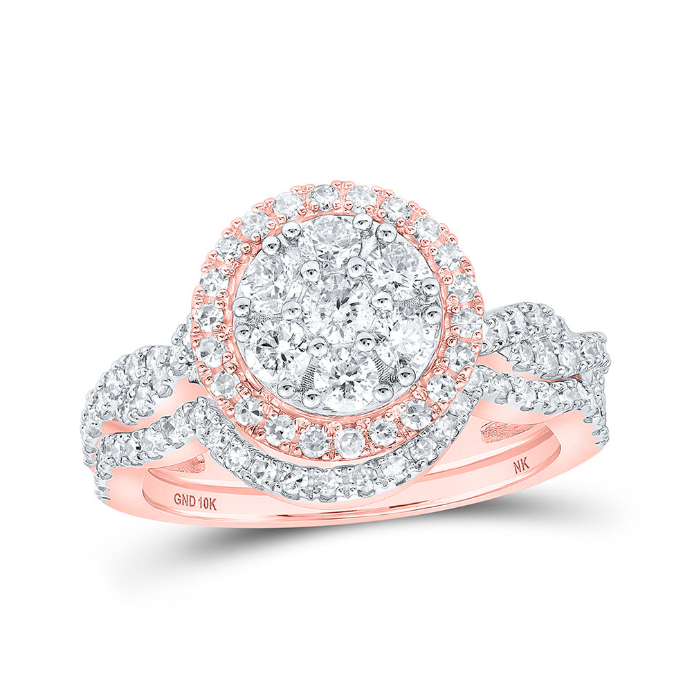 10kt Rose Gold Round Diamond Cluster Bridal Wedding Ring Band Set 1 Cttw