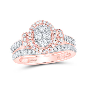 10kt Rose Gold Round Diamond Oval Cluster Bridal Wedding Ring Band Set 1 Cttw