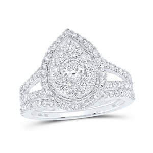 10kt White Gold Round Diamond Teardrop Bridal Wedding Ring Band Set 1 Cttw
