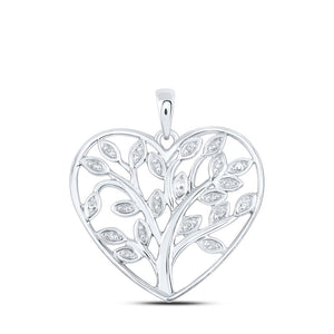 Sterling Silver Womens Round Diamond Tree Heart Pendant 1/12 Cttw