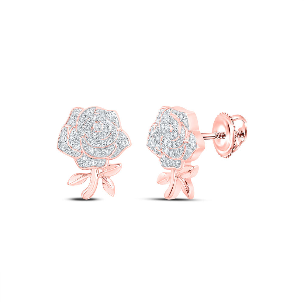 10kt Rose Gold Womens Round Diamond Rose Flower Earrings 1/3 Cttw