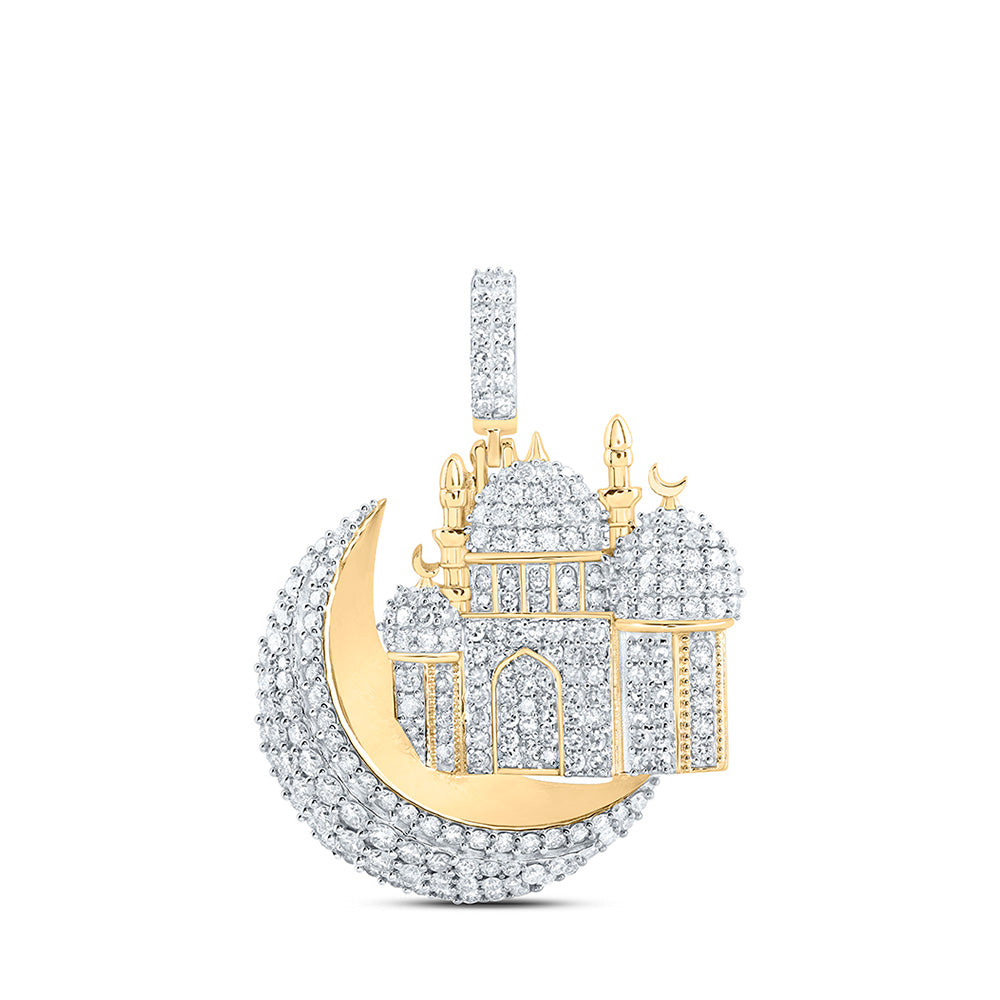 10kt Yellow Gold Mens Round Diamond Masjid Islam Charm Pendant 2-1/3 Cttw