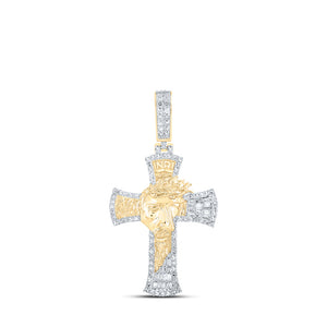 10kt Yellow Gold Mens Round Diamond Jesus Face Cross Charm Pendant 3/4 Cttw
