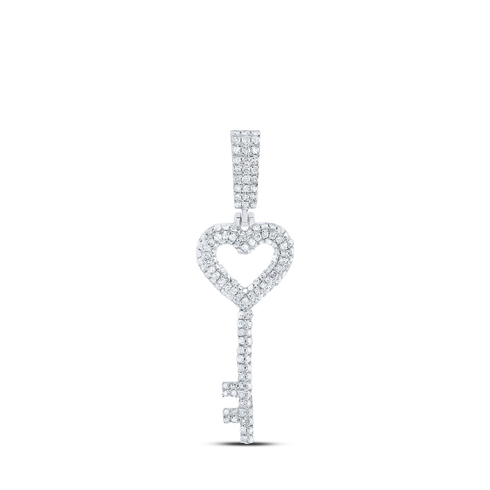 Sterling Silver Womens Round Diamond Heart Key Pendant 5/8 Cttw