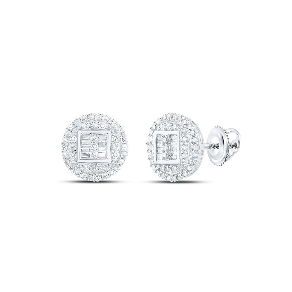 10kt White Gold Mens Baguette Diamond Circle Cluster Earrings 1/2 Cttw