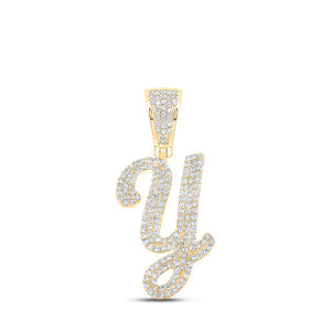 10kt Yellow Gold Mens Round Diamond Y Initial Letter Charm Pendant 7/8 Cttw