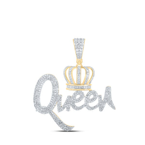 10kt Yellow Gold Mens Round Diamond Queen Crown Charm Pendant 1-5/8 Cttw