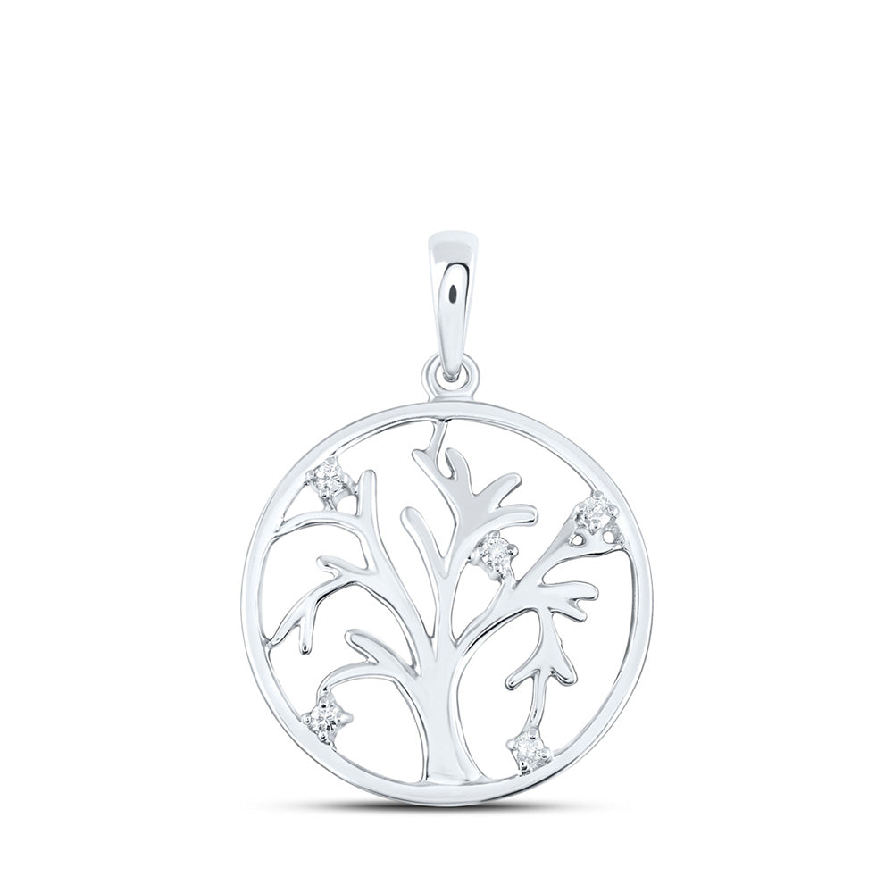 Sterling Silver Womens Round Diamond Tree of Life Circle Pendant .03 Cttw