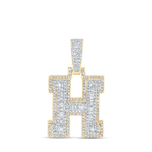 10kt Yellow Gold Mens Baguette Diamond H Initial Letter Charm Pendant 5/8 Cttw