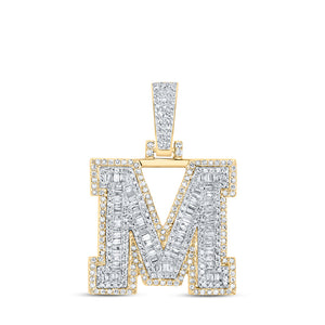 10kt Yellow Gold Mens Baguette Diamond M Initial Letter Charm Pendant 7/8 Cttw
