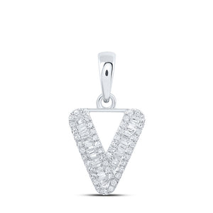10kt White Gold Womens Baguette Diamond V Initial Letter Pendant 1/4 Cttw