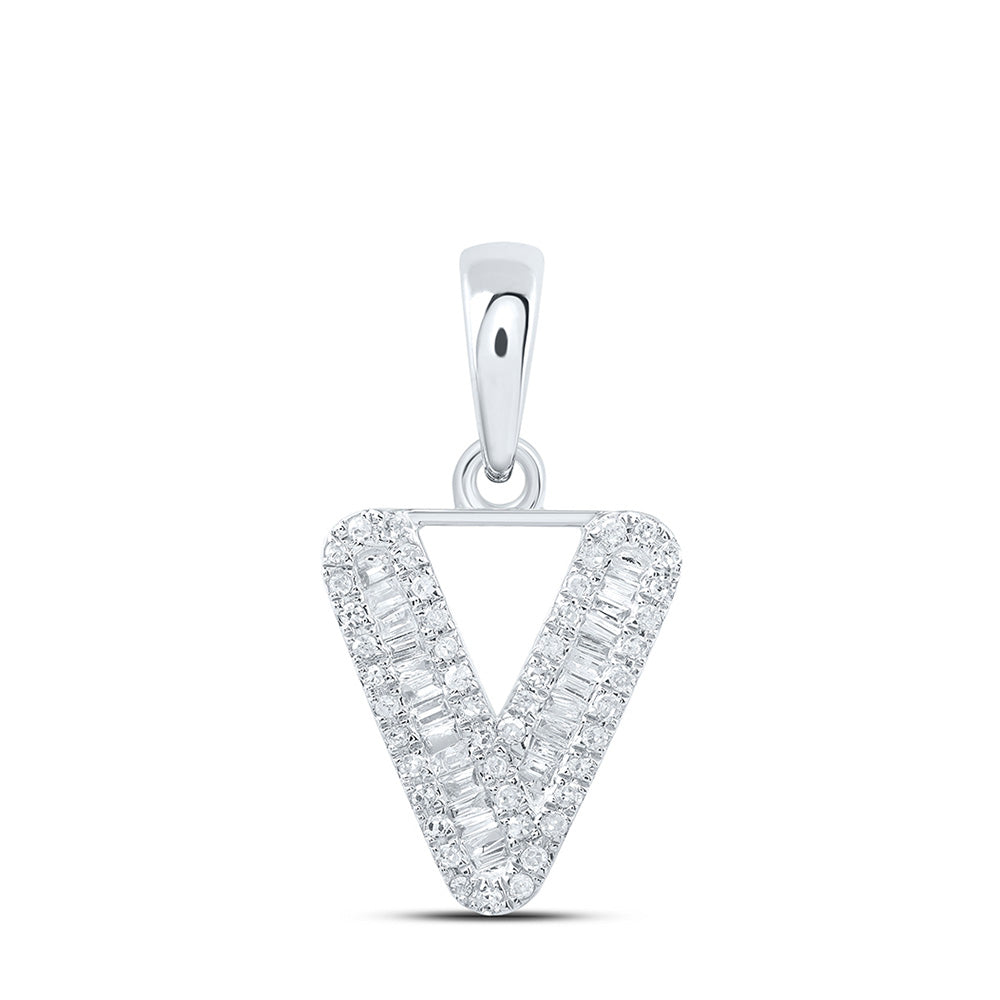 10kt White Gold Womens Baguette Diamond V Initial Letter Pendant 1/4 Cttw