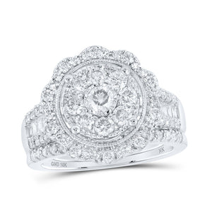 10kt White Gold Round Diamond Cluster Bridal Wedding Ring Band Set 1-1/2 Cttw