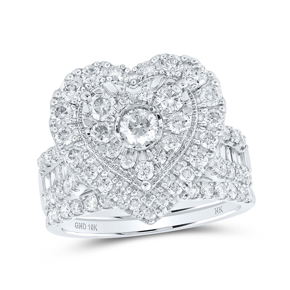 10kt White Gold Round Diamond Heart Bridal Wedding Ring Band Set 2 Cttw