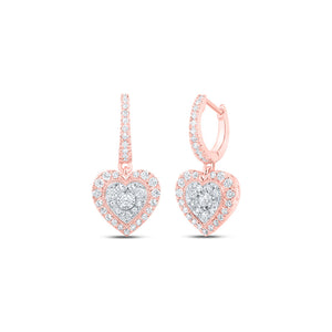 10kt Rose Gold Womens Round Diamond Heart Dangle Earrings 5/8 Cttw