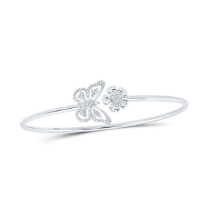 10kt White Gold Womens Round Diamond Butterfly Flower Bangle Bracelet 1/4 Cttw