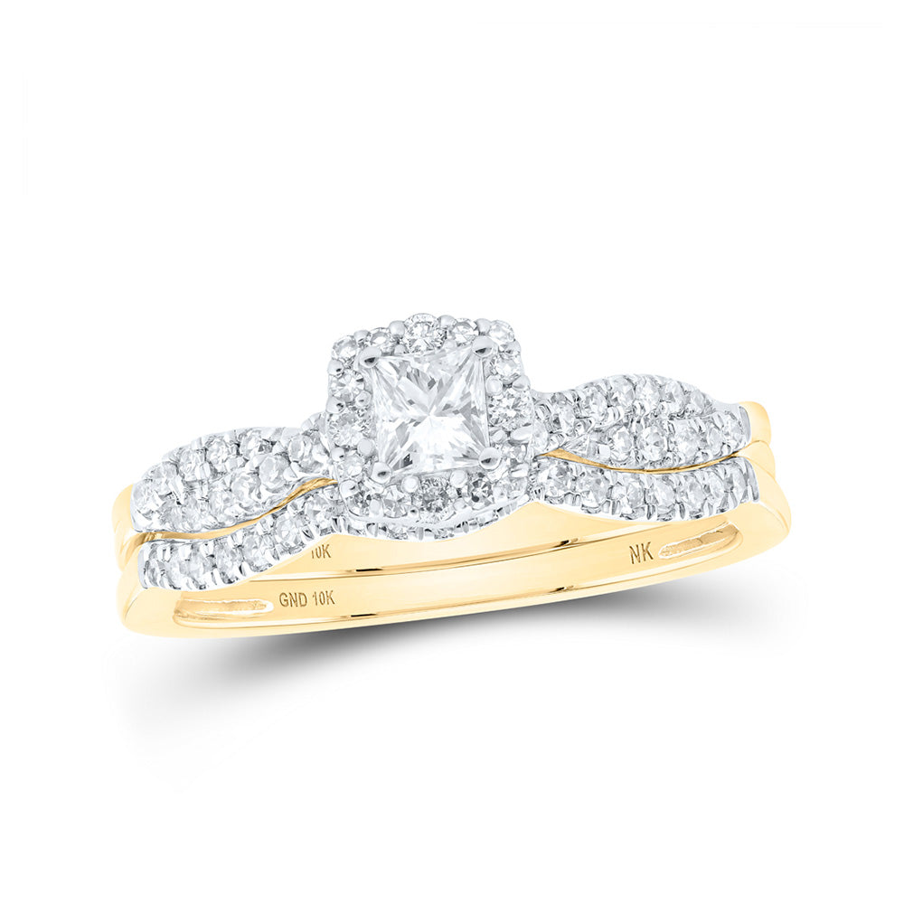 10kt Yellow Gold Princess Diamond Halo Bridal Wedding Ring Band Set 1/2 Cttw