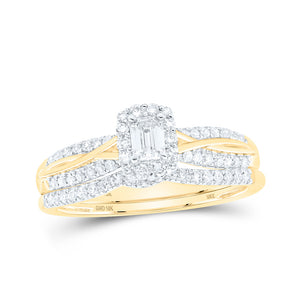 10kt Yellow Gold Emerald Diamond Halo Bridal Wedding Ring Band Set 1/2 Cttw