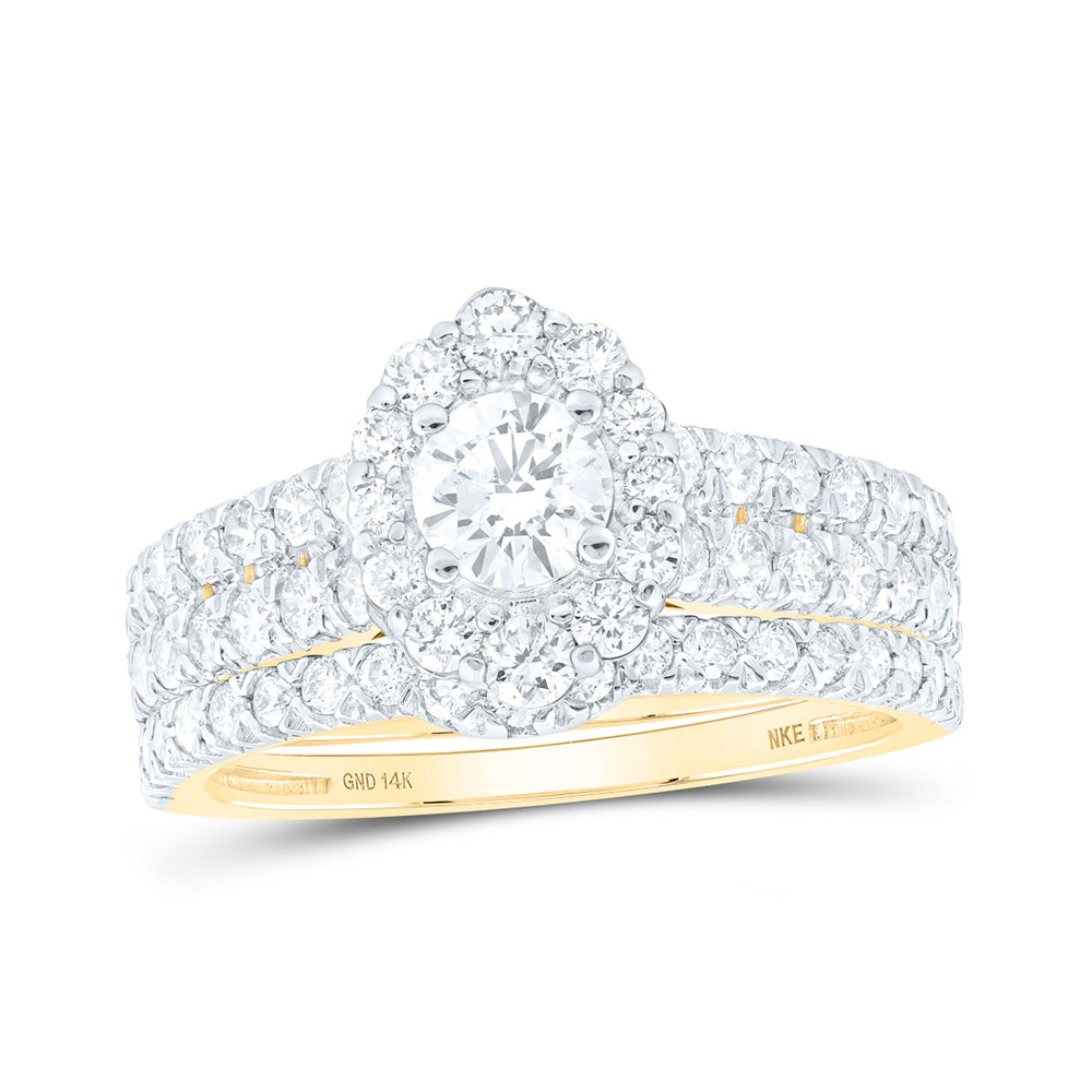 14kt Yellow Gold Round Diamond Halo Bridal Wedding Ring Band Set 1-1/2 Cttw