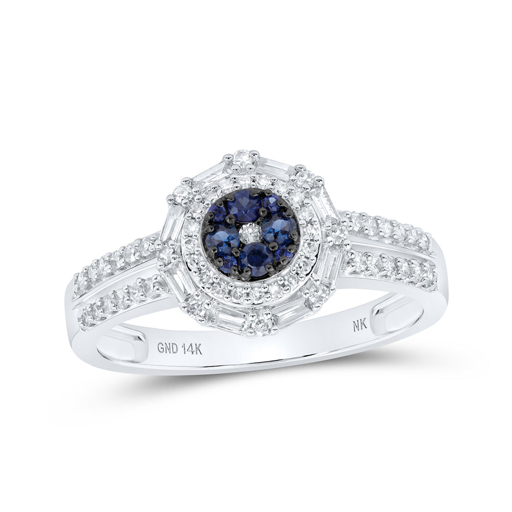 14kt White Gold Womens Round Blue Sapphire Cluster Ring 1/2 Cttw