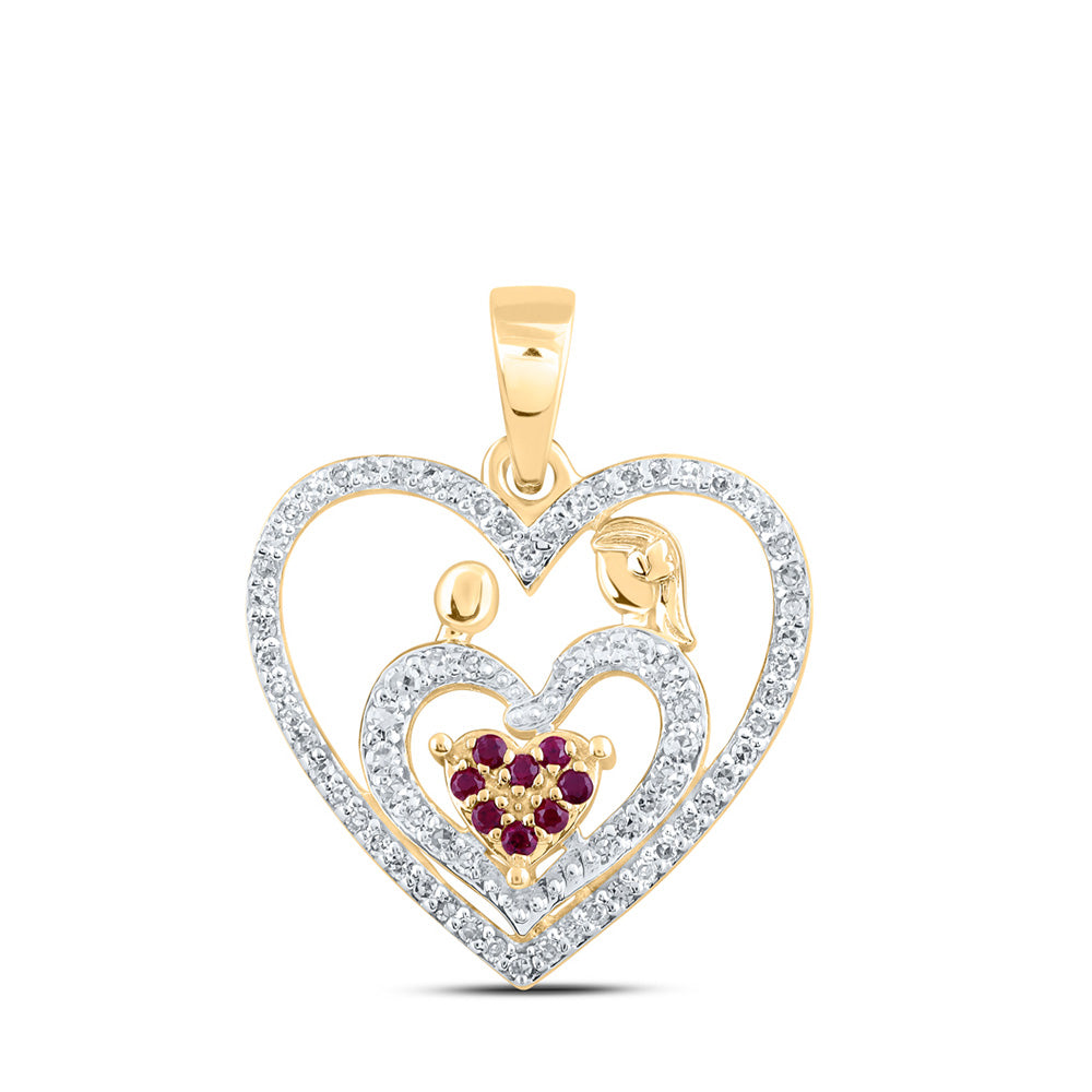 10kt Yellow Gold Womens Round Ruby Mom Child Heart Pendant 1/5 Cttw