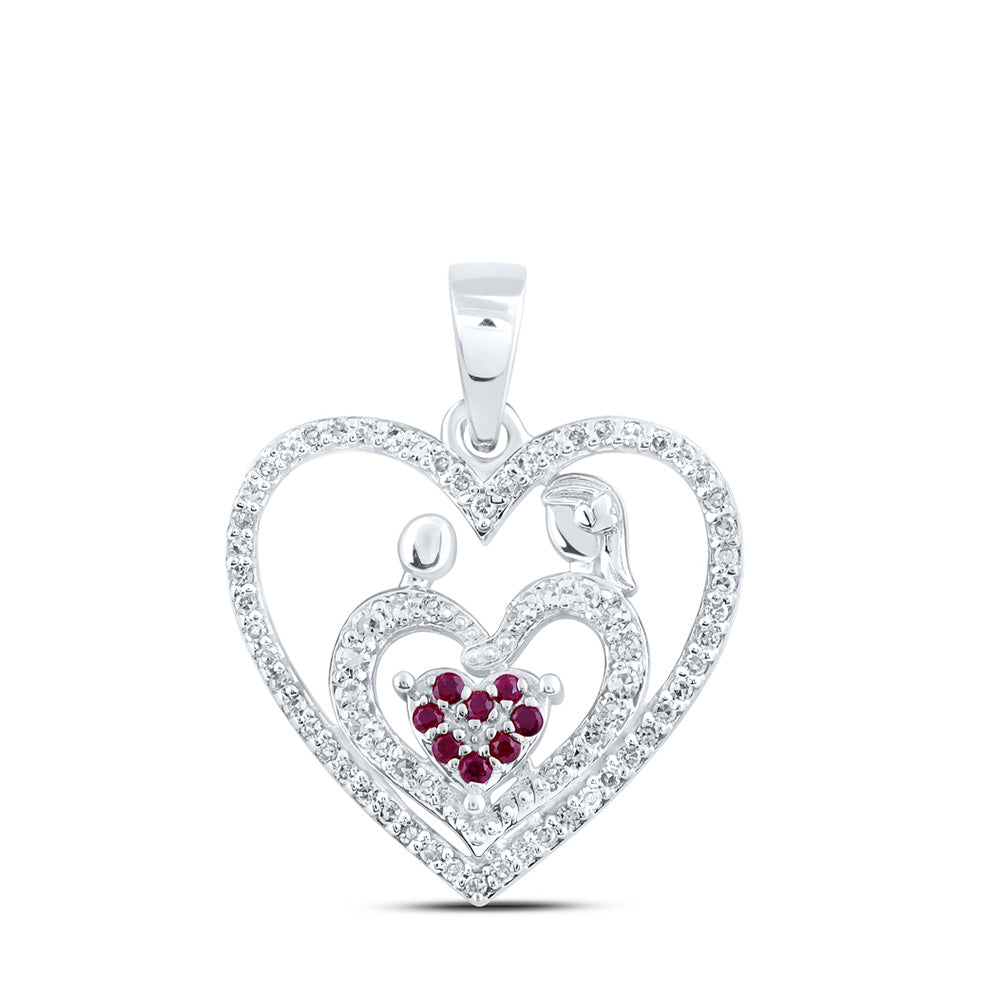 10kt White Gold Womens Round Ruby Mom Heart Pendant 1/5 Cttw