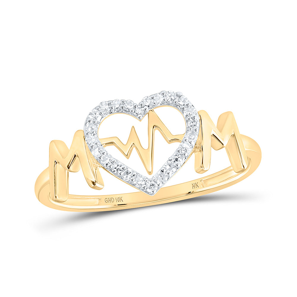 10kt Yellow Gold Womens Round Diamond Heartbeat Mom Ring 1/10 Cttw