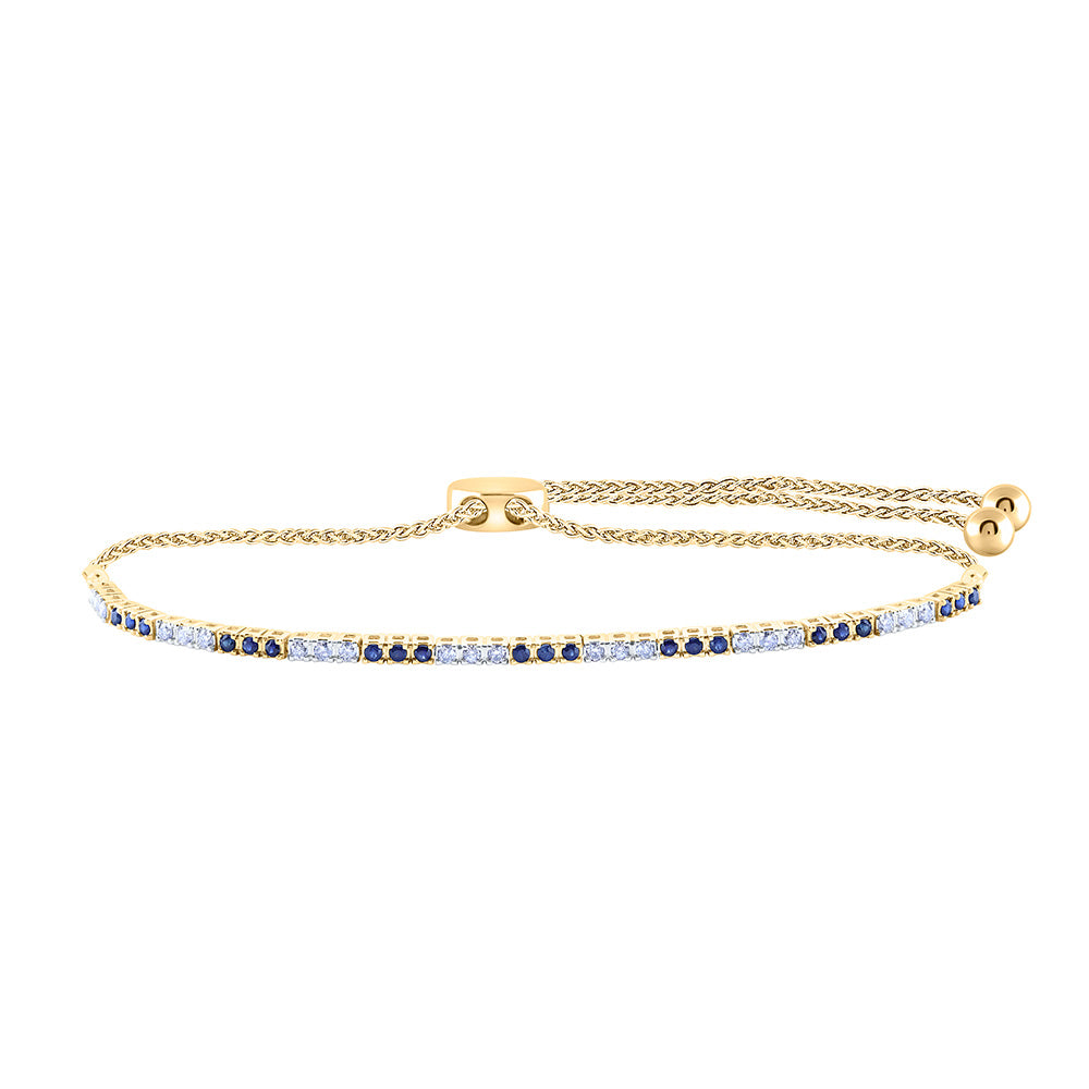 14kt Yellow Gold Womens Round Blue Sapphire Diamond Bolo Bracelet 7/8 Cttw