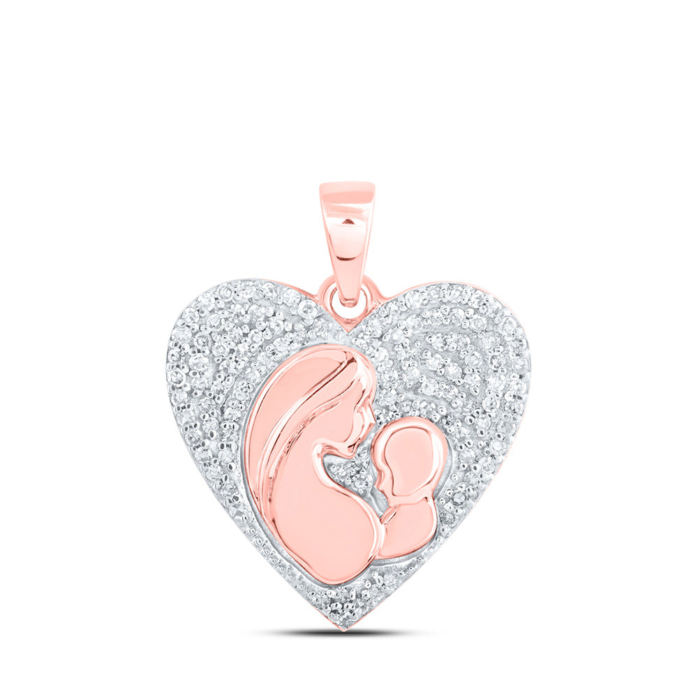 10kt Rose Gold Womens Round Diamond Mom Child Heart Pendant 1/5 Cttw
