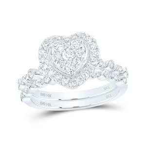 14kt White Gold Round Diamond Heart Bridal Wedding Ring Band Set 5/8 Cttw