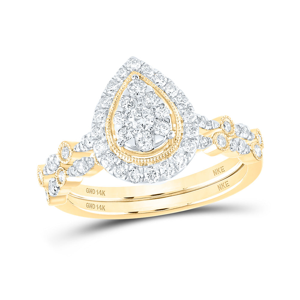 14kt Yellow Gold Round Diamond Teardrop Bridal Wedding Ring Band Set 5/8 Cttw