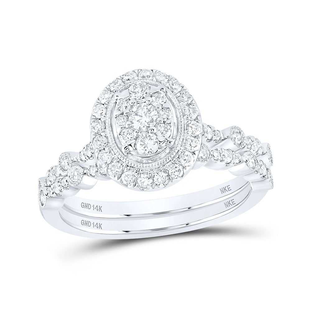 14kt White Gold Round Diamond Oval Bridal Wedding Ring Band Set 5/8 Cttw