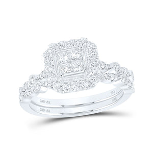 14kt White Gold Princess Diamond Square Bridal Wedding Ring Band Set 3/4 Cttw