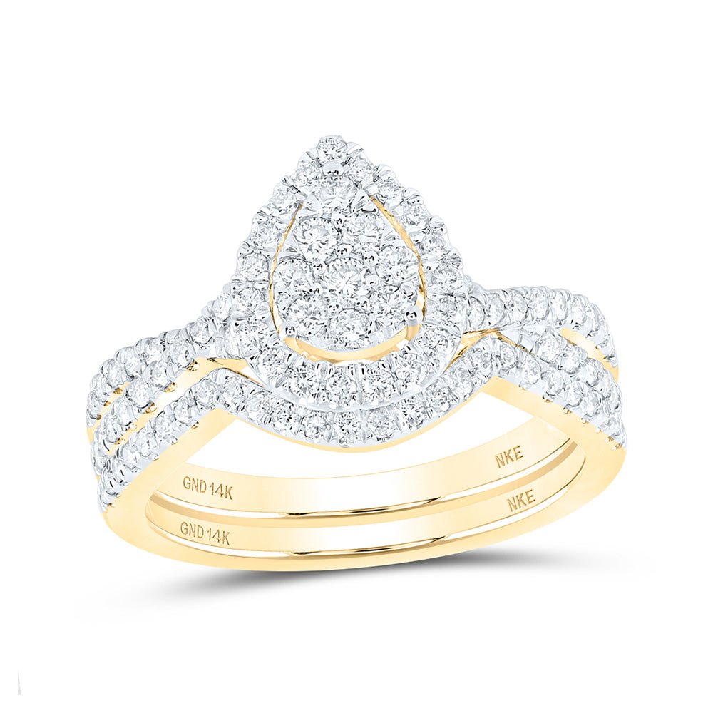 14kt Yellow Gold Round Diamond Teardrops Bridal Wedding Ring Band Set 3/4 Cttw