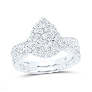 14kt White Gold Round Diamond Teardrop Bridal Wedding Ring Band Set 3/4 Cttw