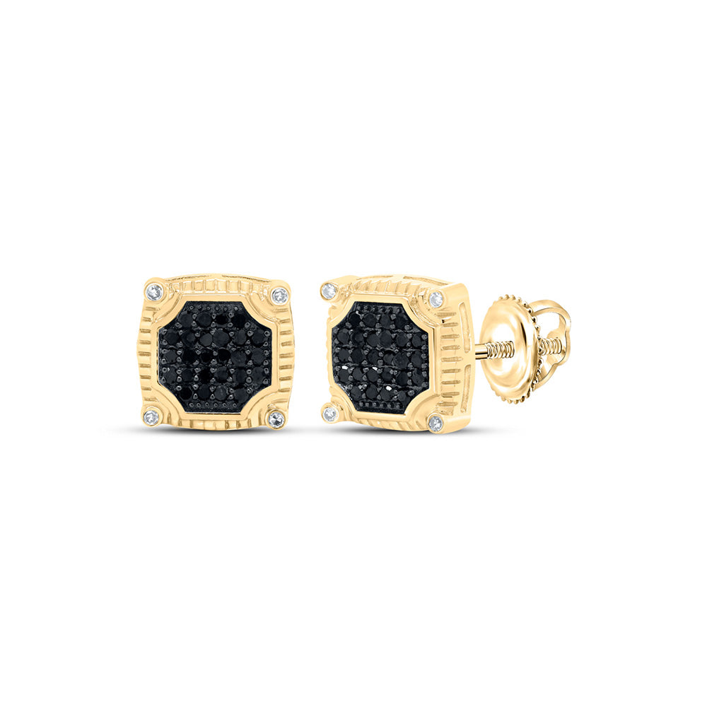 10kt Yellow Gold Mens Round Black Color Enhanced Diamond Square Earrings 1/3 Cttw