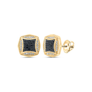10kt Yellow Gold Mens Round Black Color Treated Diamond Square Earrings 1/4 Cttw