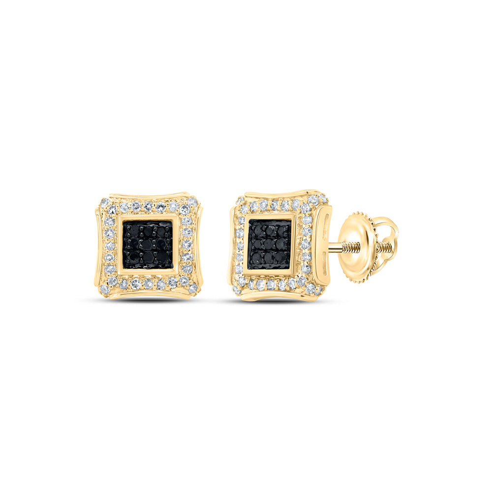 10kt Yellow Gold Mens Round Black Color Treated Diamond Square Earrings 1/4 Cttw