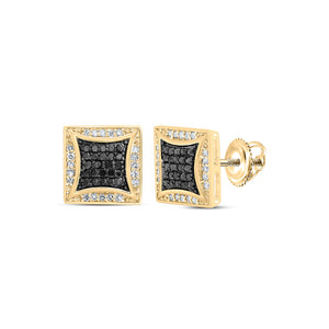 10kt Yellow Gold Mens Round Black Color Treated Diamond Square Earrings 1/3 Cttw