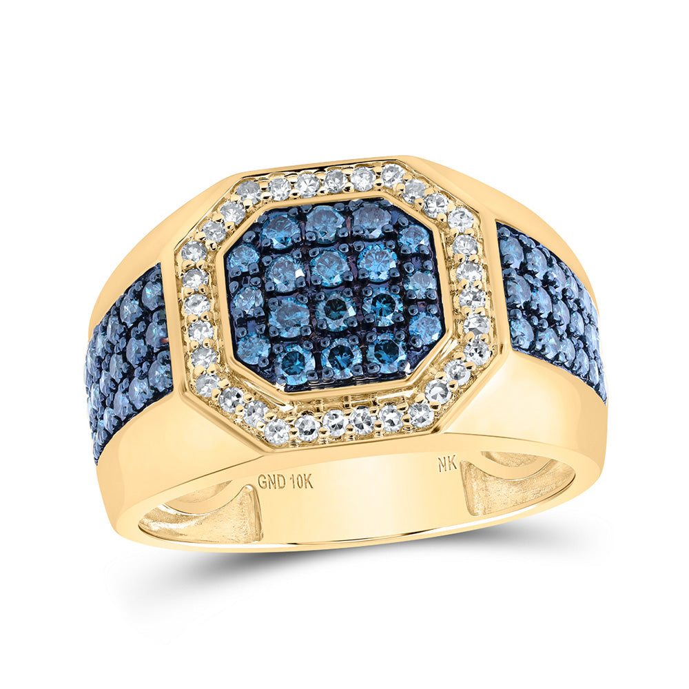 10kt Yellow Gold Mens Round Blue Color Treated Diamond Octagon Ring 1-1/5 Cttw