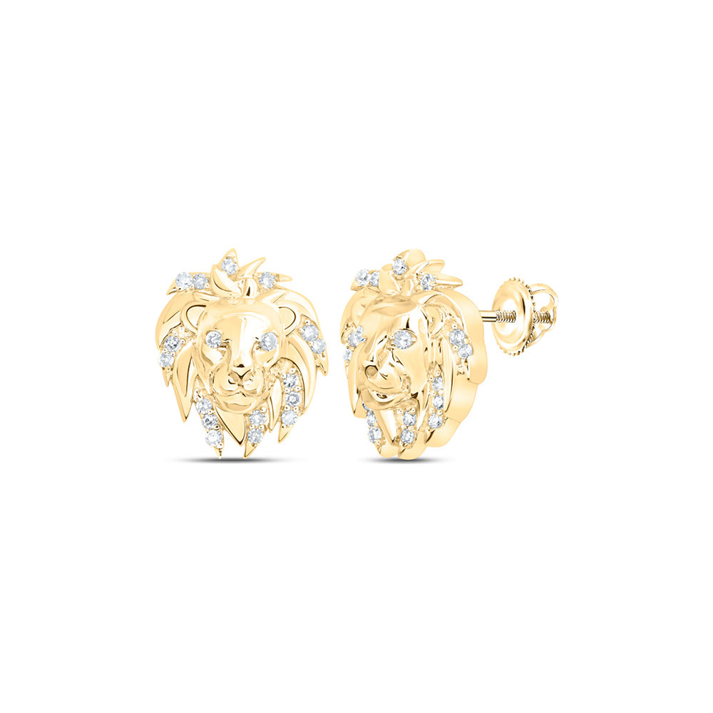 10kt Yellow Gold Mens Round Diamond Lion Face Stud Earrings 1/12 Cttw
