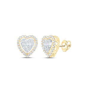10kt Yellow Gold Womens Baguette Diamond Heart Earrings 1/2 Cttw