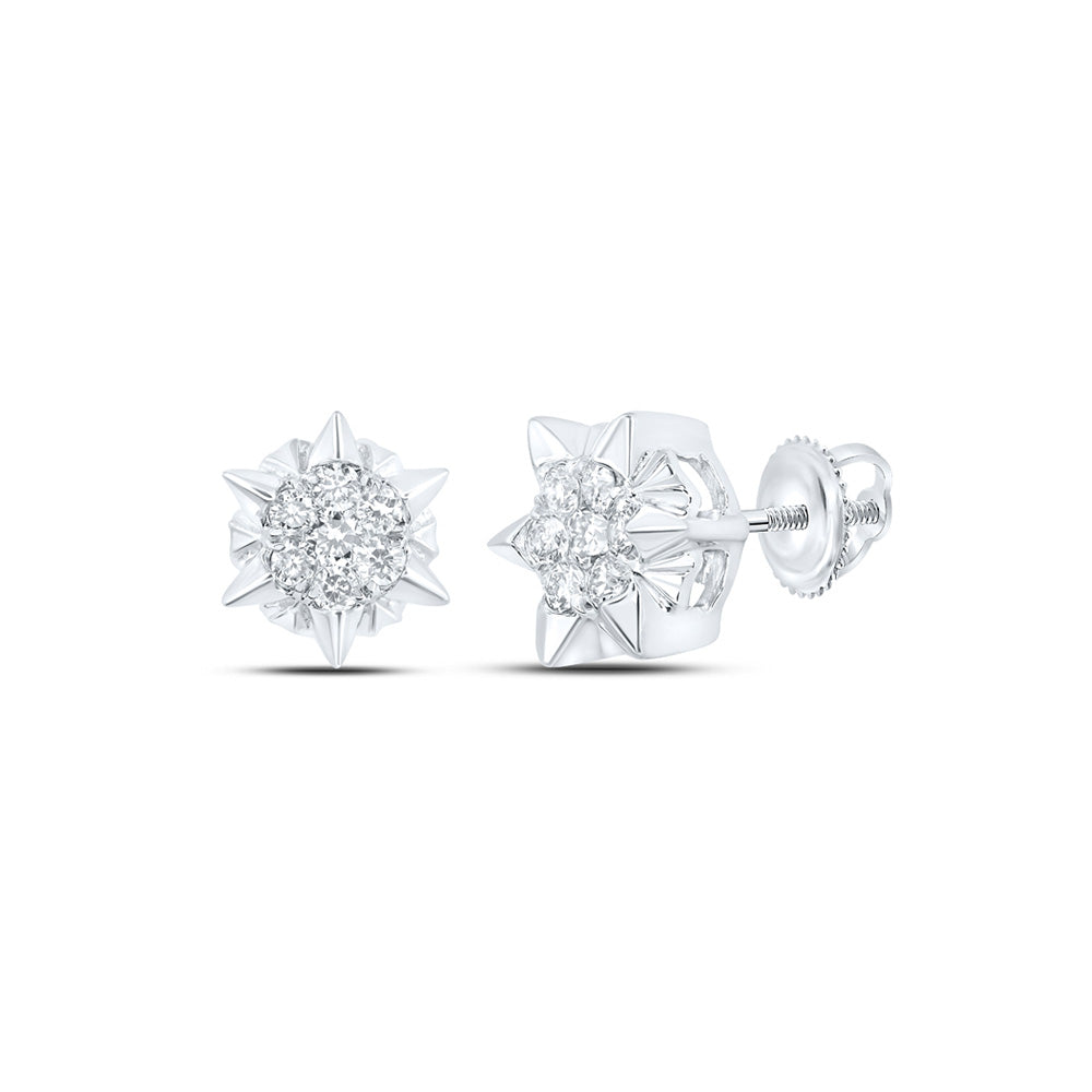 10kt White Gold Womens Round Diamond Starburst Cluster Earrings 1/5 Cttw