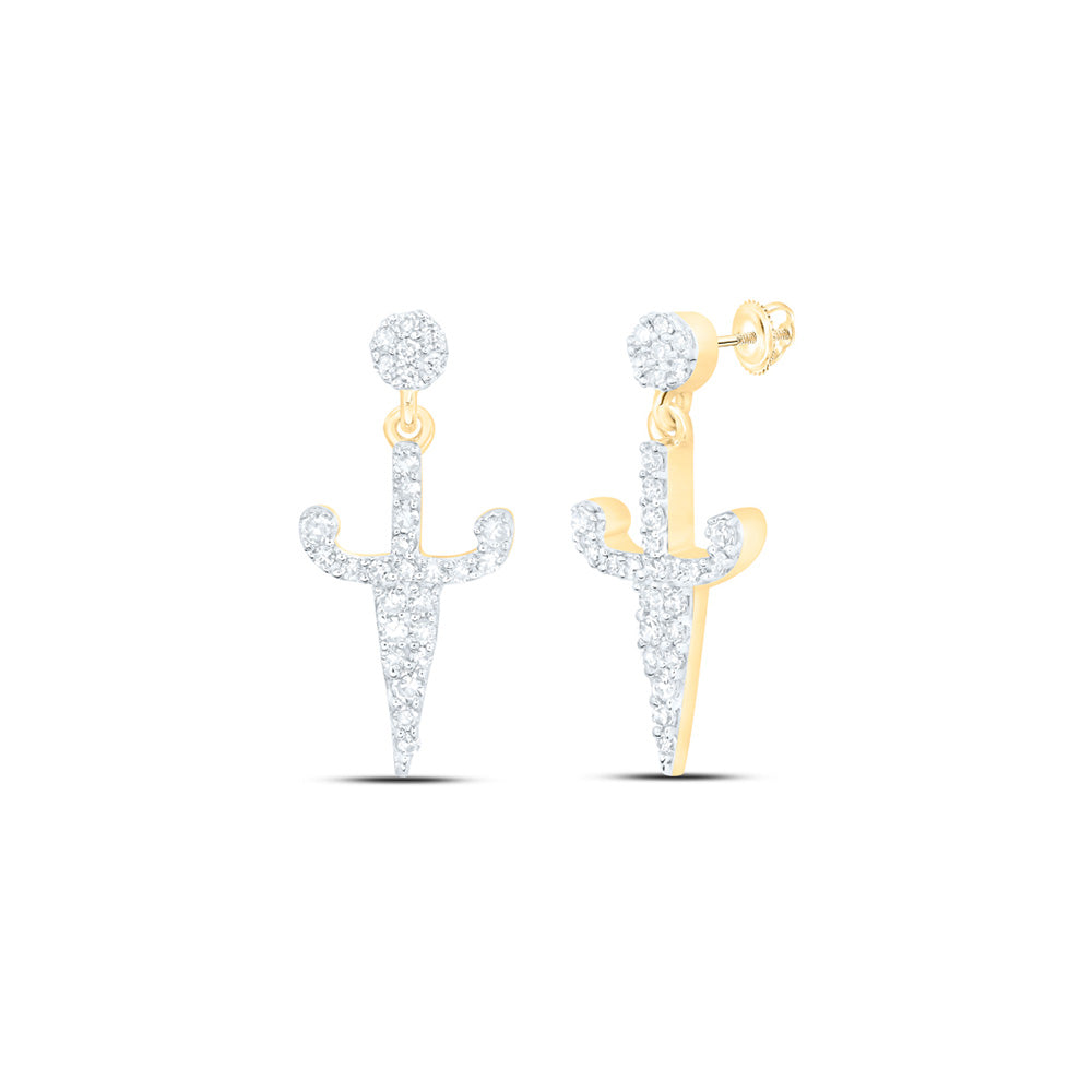 10kt Yellow Gold Womens Round Diamond Dagger Dangle Earrings 1/5 Cttw