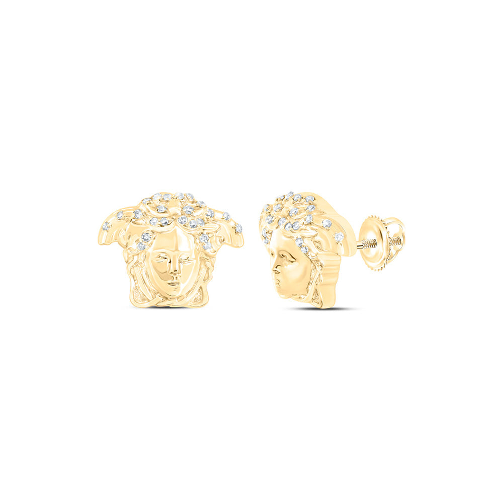 10kt Yellow Gold Mens Round Diamond Medusa Stud Earrings 1/10 Cttw