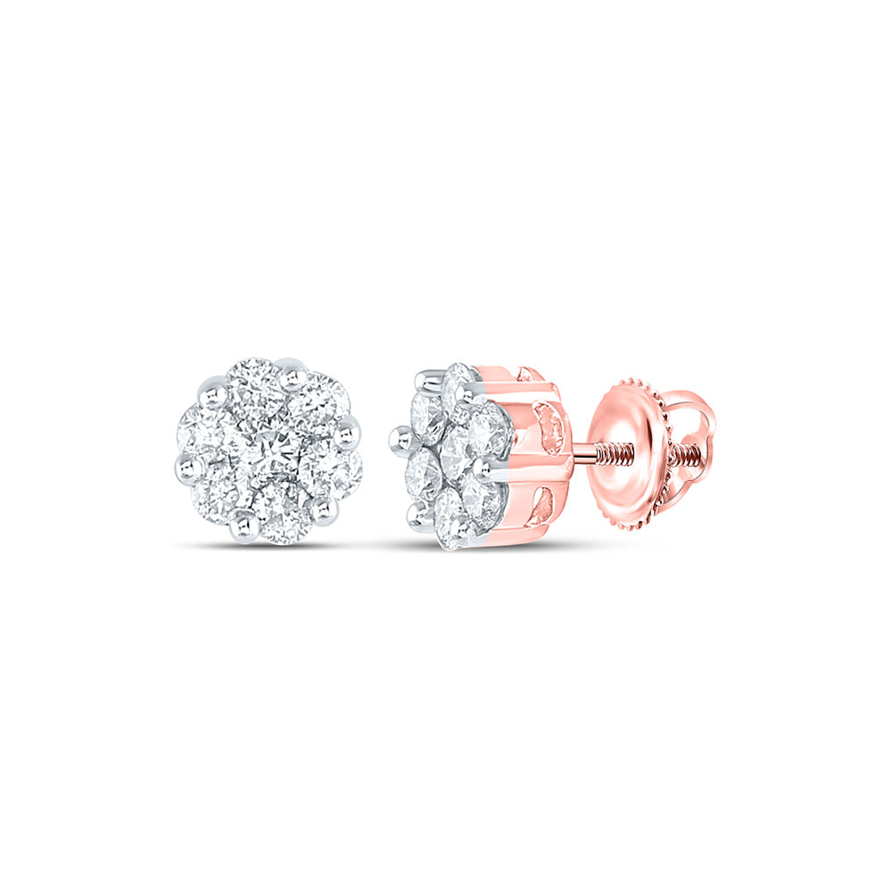 14kt Rose Gold Womens Round Diamond Flower Cluster Earrings 1 Cttw